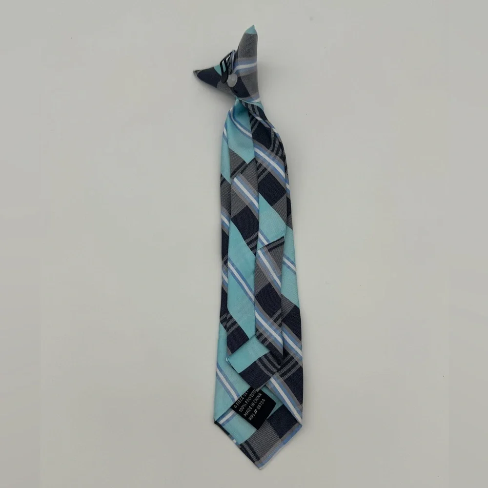 Boys Clip on blue plaid dress outfit neck tie gray formal kids one size